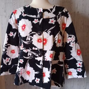 Jacklyn Smith Floral Button-Up Jacket 3/4 Sleeve Women's Size XL Melon And Black